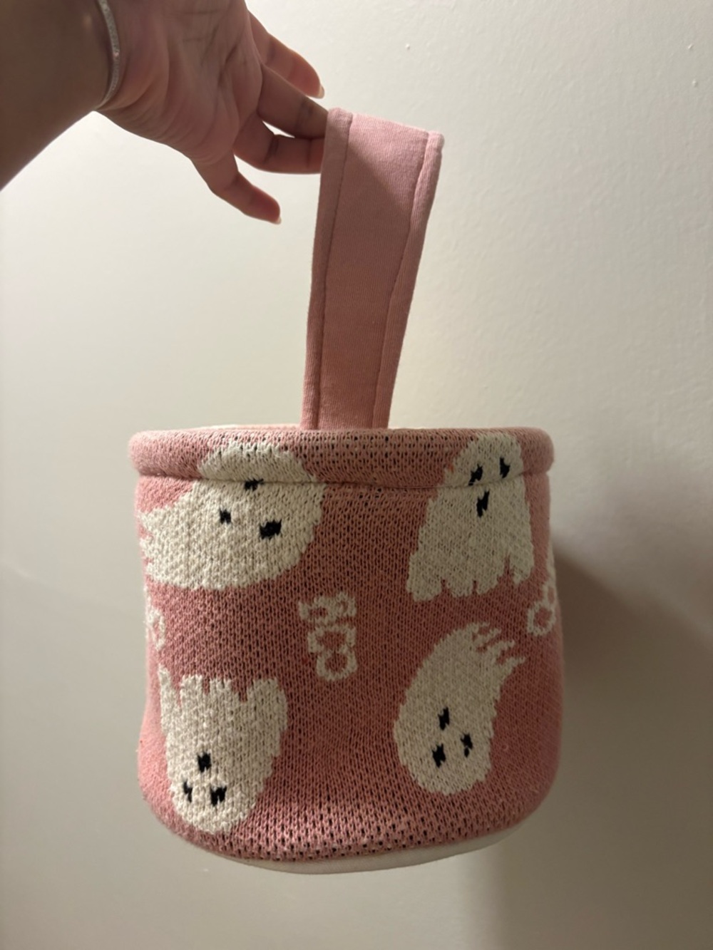Kids Pink Ghost Knit Storage Basket with Handle